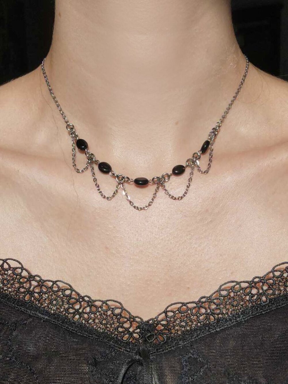 Gothic victorian black onyx chandelier necklace with small silver chain